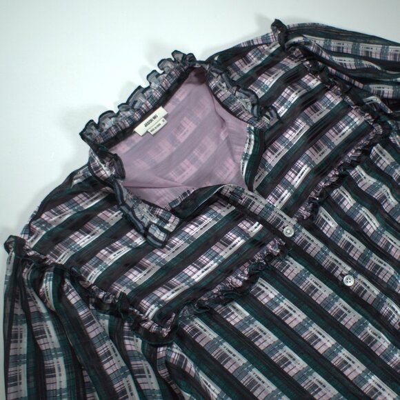 Jason Wu Striped Plaid Print Ruffle Blouse Size 10 - Picture 2 of 6